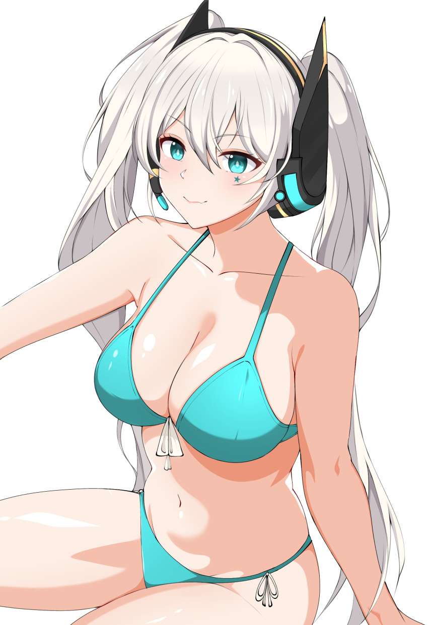 absurdres, ahomushi994, aqua_bikini, aqua_eyes, bikini, breasts, cleavage, facial_mark, girls'_frontline, grey_hair, headset, highres, large_breasts, star_(symbol), star_facial_mark, star_tattoo, swimsuit, tattoo, transparent_background, twintails, uts-15_(girls'_frontline)