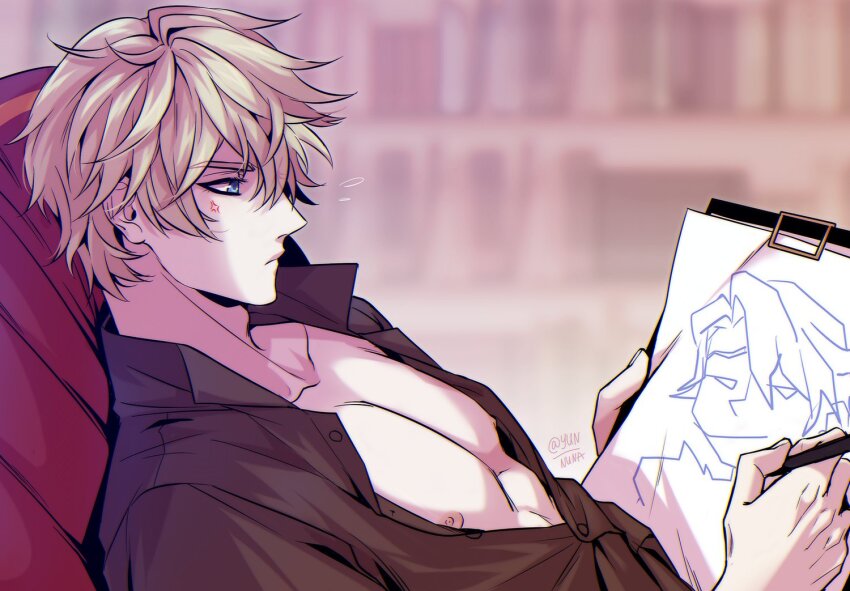 1boy, alternate_costume, bare_pectorals, blonde_hair, blue_eyes, closed_mouth, collarbone, commentary, drawing, english_commentary, gepard_landau, ginsan, holding, holding_pencil, honkai:_star_rail, honkai_(series), male_focus, open_clothes, pectorals, pencil, sampo_koski, sitting, upper_body, v-shaped_eyebrows