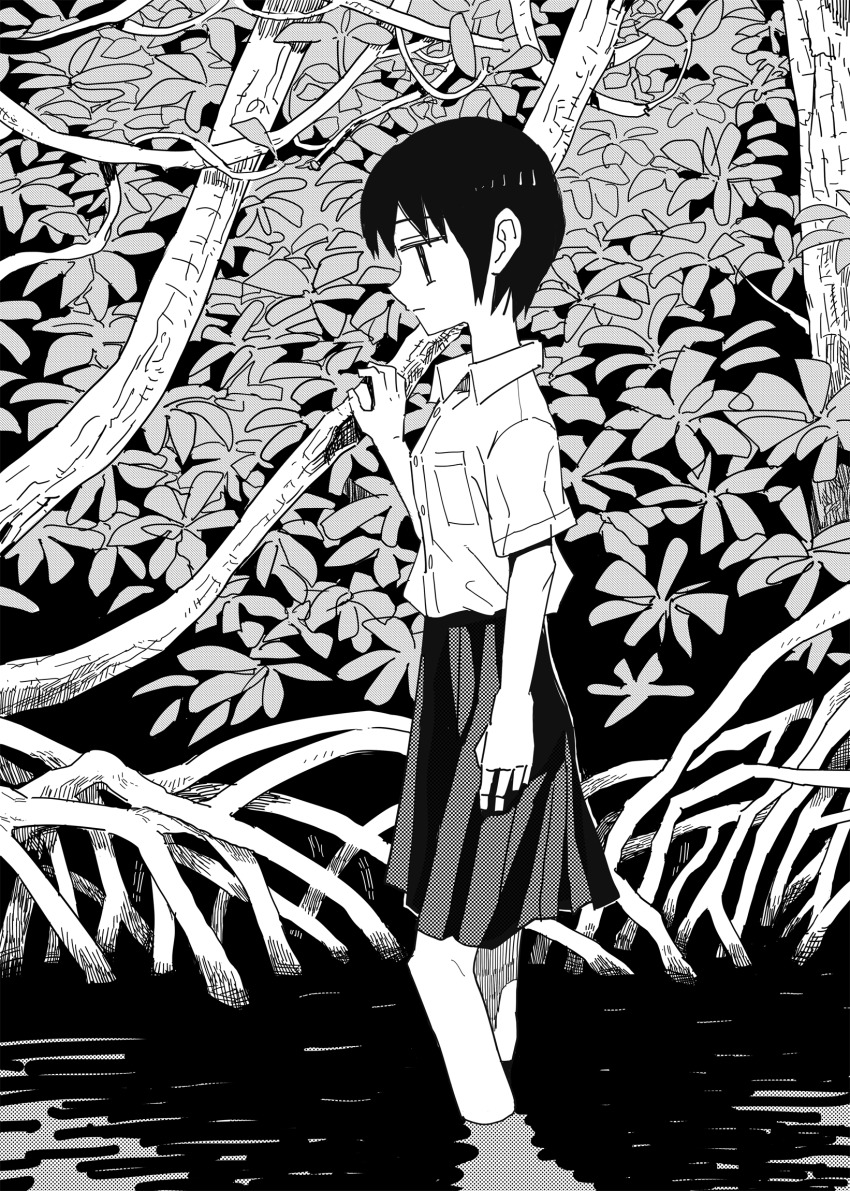 1girl, aremoyou, branch, commentary_request, dress_shirt, expressionless, foliage, from_side