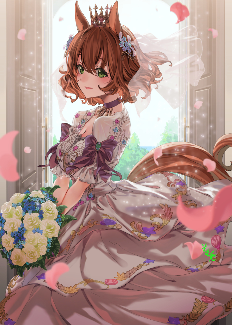 1girl, animal_ears, aston_machan_(haute_couture_memory)_(umamusume), aston_machan_(umamusume), bouquet, breasts, bridal_veil, bride