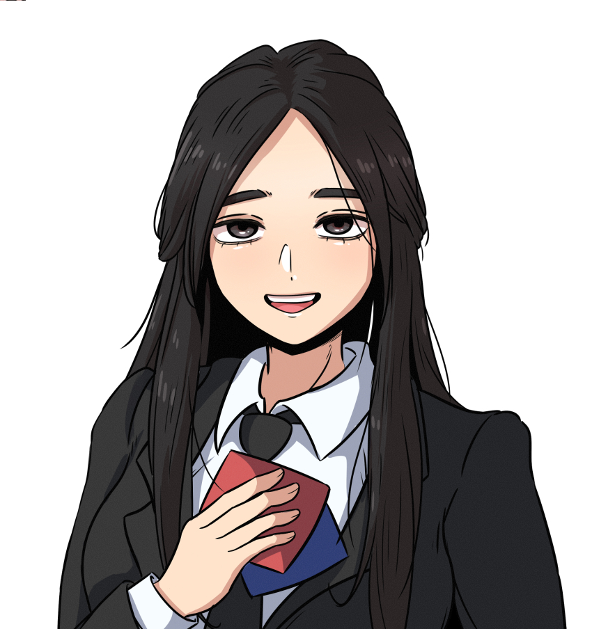 1girl, :d, beautiful_gunbari, black_eyes, black_hair, black_necktie, black_suit, chilong_(heronas)