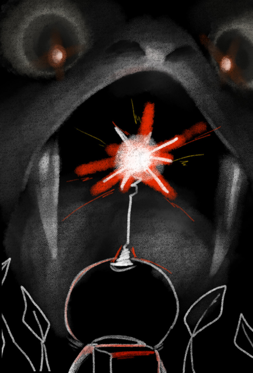 absurdres, attack, backpack, bag, battle, bulborb, dark_background, eye_reflection