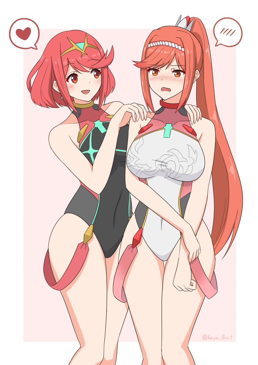 2girls, :d, absurdres, adapted_costume, alternate_costume, bare_shoulders, black_one-piece_swimsuit, border