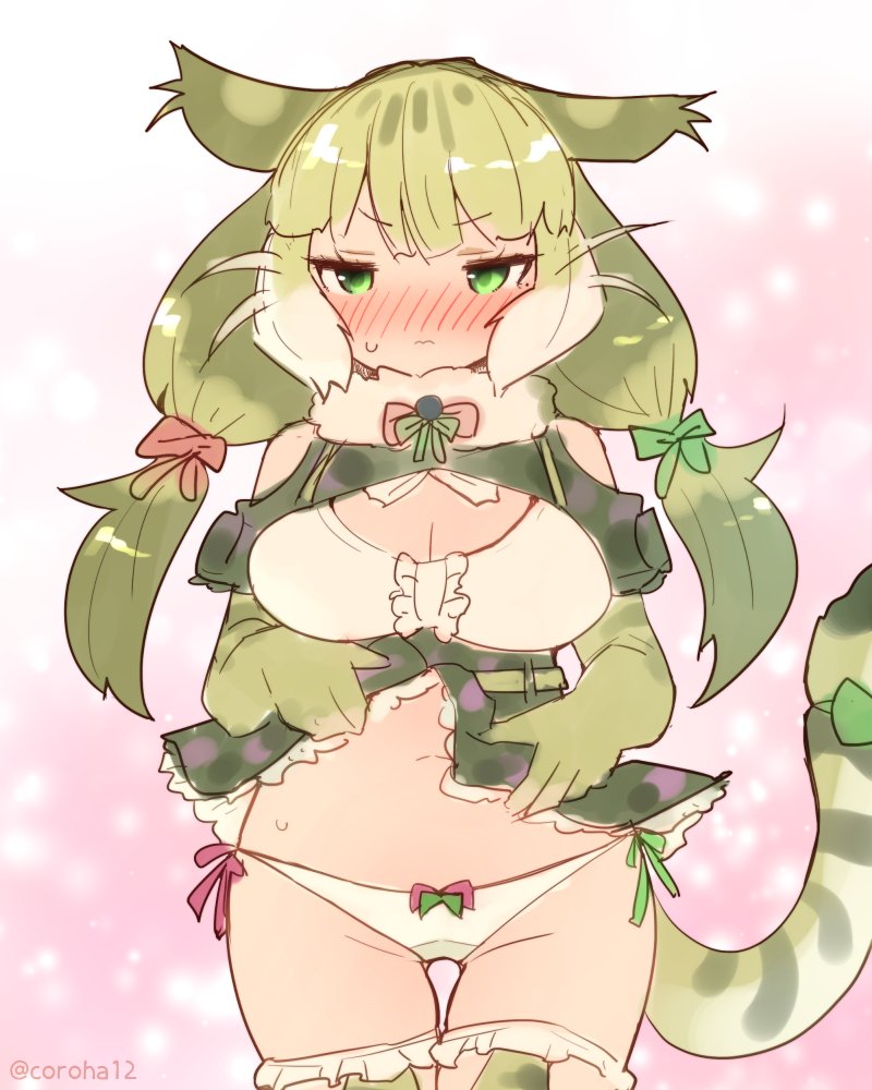 1girl, coroha, green_eyes, jungle_cat_(kemono_friends), kemono_friends, kemono_friends_v_project, long_hair, looking_at_viewer, panties, ribbon, solo, twintails, underwear, virtual_youtuber