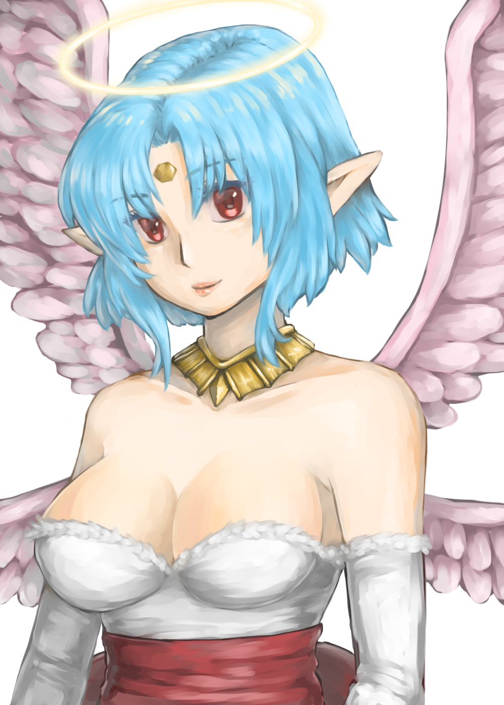 1girl, bare_shoulders, blue_hair, breasts, chickenkue, cleavage, closed_mouth, dress