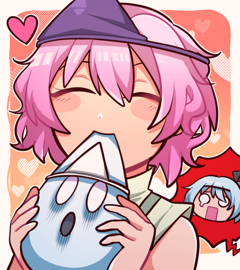 0_0, 1jumangoku, 2others, black_headband, blue_hair, blush, blush_stickers, chibi, chibi_inset, closed_eyes, commentary, eating, eyelashes, fujiwara_no_iyozane, ghost_(len'en), gradient_background, headband, heart, holding_ghost, japanese_clothes, kimono, len'en, light_blue_hair, multiple_others, no_pupils, one_side_up, open_mouth, parted_bangs, pink_hair, shion_(len'en), short_hair, sleeveless, sleeveless_kimono, speech_bubble, tearing_up, triangular_headpiece, upper_body, white_kimono