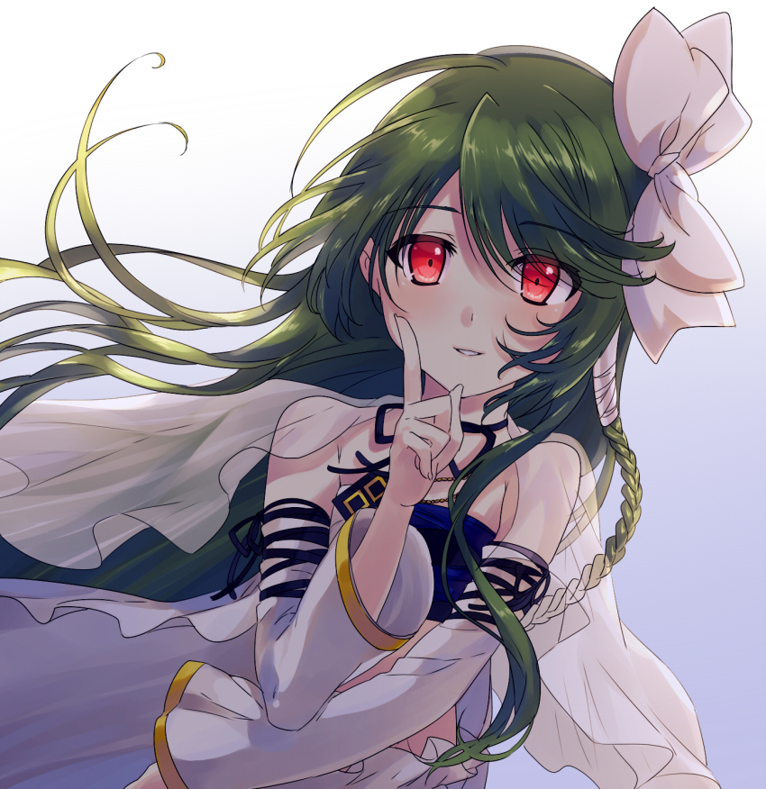 1girl, bow, braid, cloak, crop_top, detached_sleeves, floating_hair, green_hair