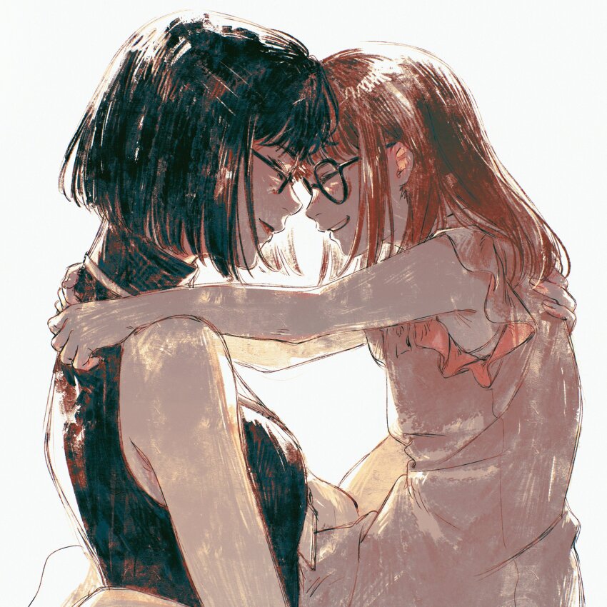 2girls, black-framed_eyewear, black_hair, black_shirt, blush, breasts, closed_eyes, dress