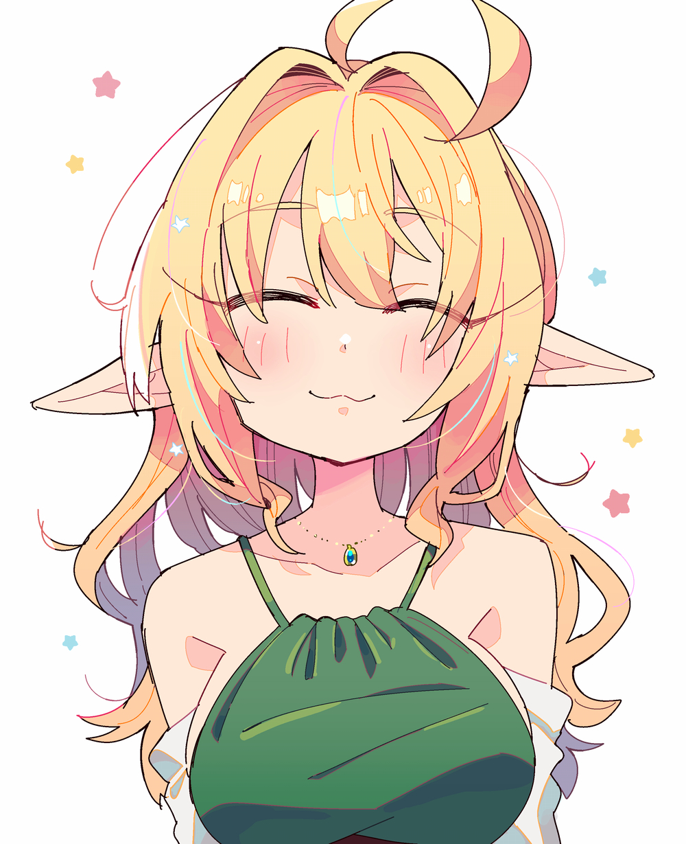 1girl, ahoge, armpit_crease, bare_shoulders, blonde_hair, blush, closed_eyes, closed_mouth