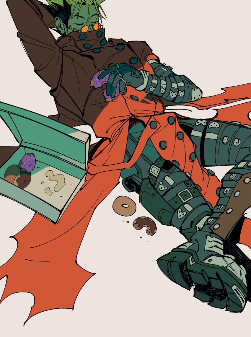 1boy, blonde_hair, boots, box, closed_eyes, coat, cranity, donut, donut_day, food, highres, red_coat, simple_background, sleeping, solo, sunglasses, trigun, vash_the_stampede