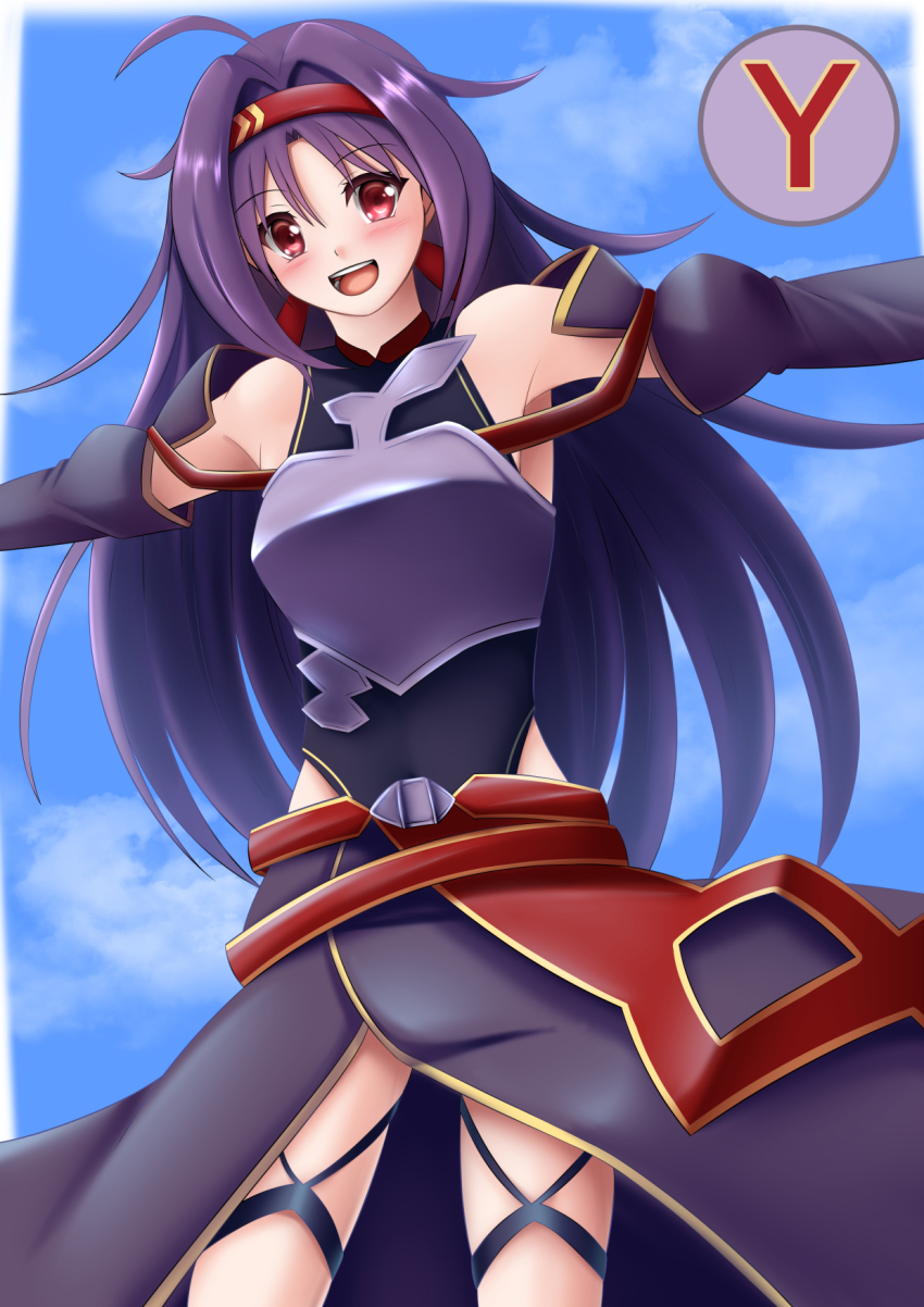 1girl, :d, ahoge, armor, bare_shoulders, blue_sky, breastplate, chooper