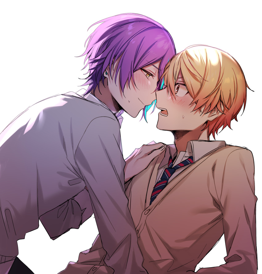 2boys, absurdres, aqua_hair, arm_support, backlighting, black_pants, blonde_hair, blue_necktie