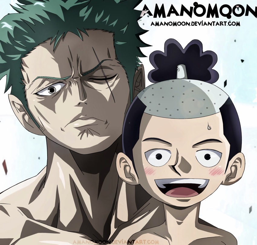2boys, amanomoon, artist_name, black_eyes, black_hair, blush, closed_mouth, green_hair
