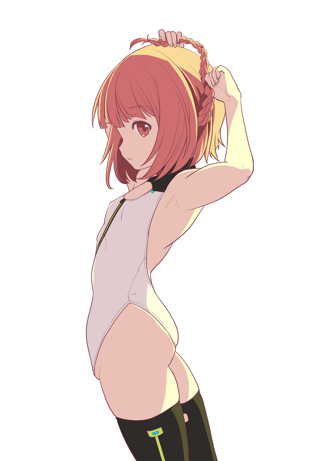 1girl, aikawa_aika, alice_gear_aegis, ass, black_thighhighs, booth_babe, braid, circle_cutout