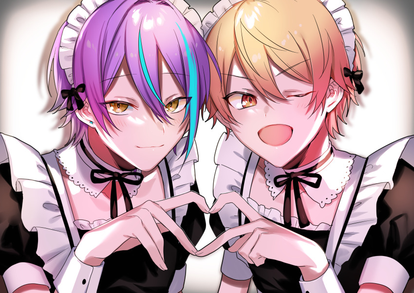 2boys, absurdres, apron, aqua_hair, black_bow, black_dress, black_ribbon, blonde_hair, bow, chanms, closed_mouth, collarbone, commentary, crossdressing, crossdressing_(mtf), detached_collar, double-parted_bangs, dress, earrings, eyes_visible_through_hair, frilled_apron, frilled_dress, frills, gradient_background, gradient_hair, grey_background, hair_between_eyes, hair_bow, heart, heart_hands, heart_hands_duo, highres, jewelry, kamishiro_rui, light_blush, light_purple_hair, long_bangs, looking_at_viewer, maid, maid_apron, maid_headdress, male_maid, multicolored_hair, multiple_boys, neck_ribbon, one_eye_closed, open_mouth, orange_eyes, orange_hair, pink_hair, project_sekai, puffy_short_sleeves, puffy_sleeves, purple_hair, ribbon, sanpaku, shadow, short_sleeves, sleeve_cuffs, smile, streaked_hair, stud_earrings, tenma_tsukasa, tsurime, upper_body, vignetting, white_apron, white_background, wrist_cuffs, yaoi, yellow_eyes
