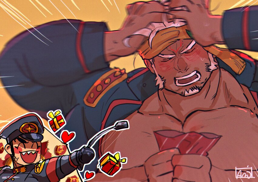 2boys, ^_^, aizen_(housamo), amu_(omoro3bot), armband, bara, black_hair, blush, box, chibi, clenched_hands, closed_eyes, commentary_request, embarrassed, emphasis_lines, extra_arms, facial_hair, facial_mark, forehead_mark, gift, gift_box, goatee, halo, halo_behind_head, hat, headband, heart, highres, holding, holding_gift, holding_riding_crop, kalki_(housamo), large_pectorals, long_sideburns, male_focus, multiple_boys, muscular, muscular_male, no_shirt, open_mouth, peaked_cap, pectorals, red_armband, riding_crop, ruffling_hair, sharp_teeth, short_hair, sideburns, signature, simple_background, smile, sweat, teeth, thick_eyebrows, tokyo_houkago_summoners, uniform, upper_body, white_hair, yellow_background, yellow_headband