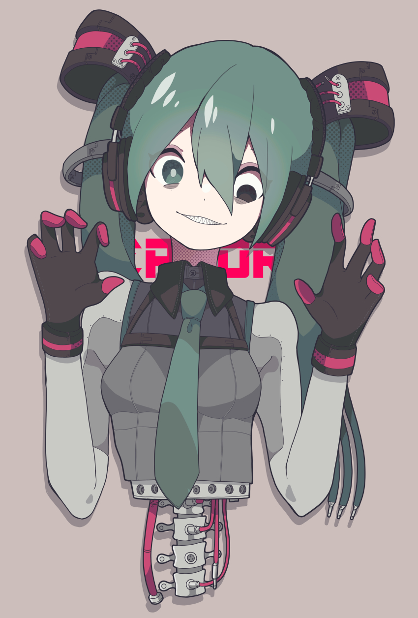 1girl, absurdres, adapted_costume, android, aqua_eyes, aqua_hair, aqua_necktie, bags_under_eyes, bisected, black_eyes, black_gloves, breasts, bright_pupils, cable, cable_hair, chest_harness, claw_pose, collared_shirt, commentary_request, english_text, evil_grin, evil_smile, gloves, grey_shirt, grey_sleeves, grin, hair_ornament, halftone, hands_up, harness, hatsune_miku, head_tilt, headphones, heterochromia, highres, lazy_eye, looking_at_viewer, mechanical_spine, necktie, pale_skin, panda23577667, pink_gloves, severed_torso, sharp_teeth, shirt, small_breasts, smile, solo, straight-on, teeth, twintails, vocaloid