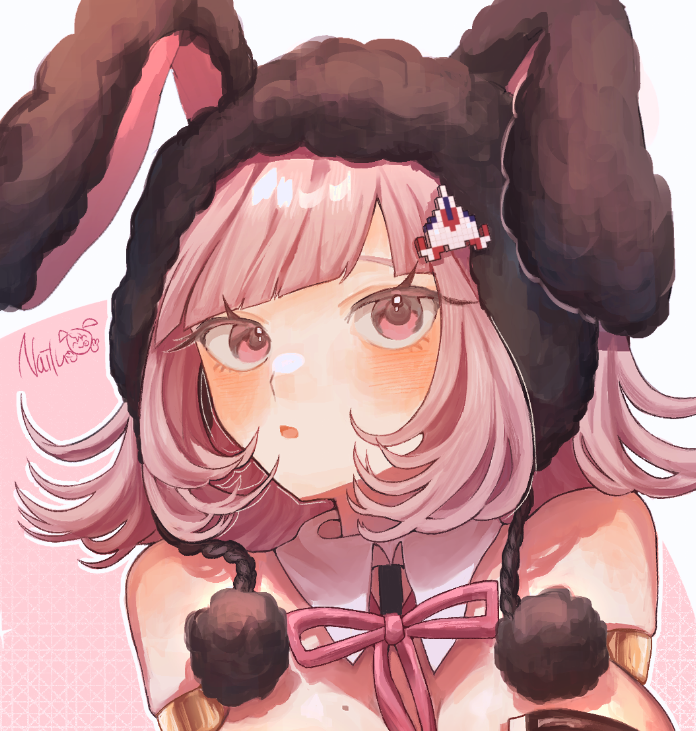 1girl, :o, animal_ears, animal_hood, artist_name, bare_shoulders, blush, breasts