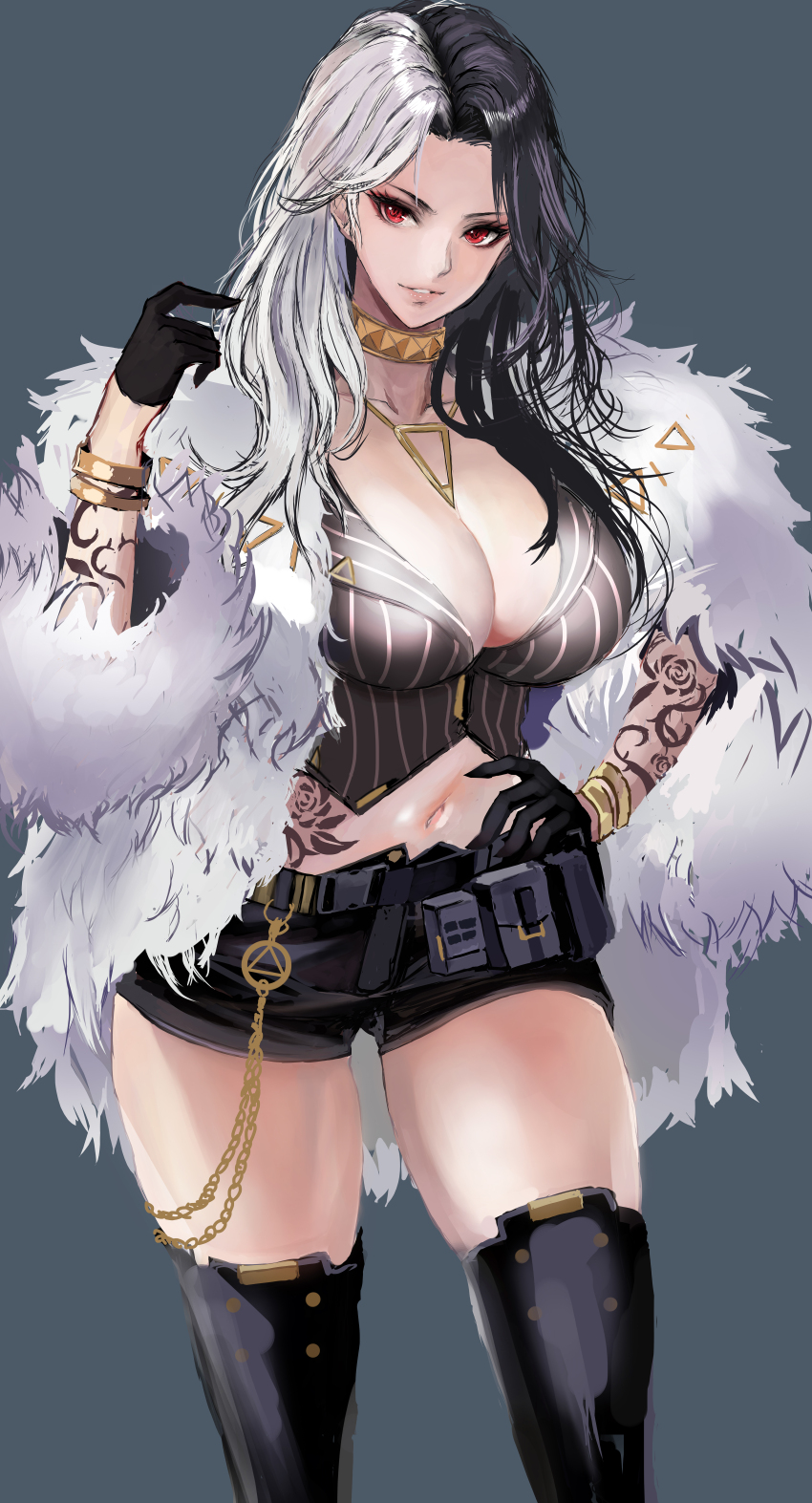 1girl, absurdres, arm_tattoo, belt_pouch, black_background, black_boots, black_gloves, black_hair