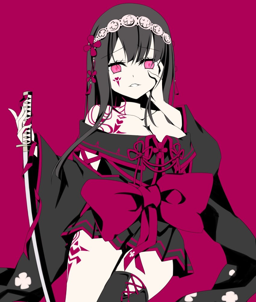 1girl, arm_tattoo, asymmetrical_legwear, bare_shoulders, black_dress, black_hair, bow, breasts, cleavage, collarbone, commentary_request, dress, facial_tattoo, floral_print, flower_knot, hair_ornament, hairband, hand_on_own_face, highres, holding, holding_sword, holding_weapon, kageuchi_suishinshi_masahide_(tenka_hyakken), katana, large_breasts, long_hair, looking_at_viewer, medium_breasts, nyaromaru, off-shoulder_dress, off_shoulder, parted_lips, purple_background, purple_bow, purple_eyes, purple_trim, raised_eyebrows, ribbon, sidelocks, solo, sword, tattoo, tenka_hyakken, weapon, wide_sleeves