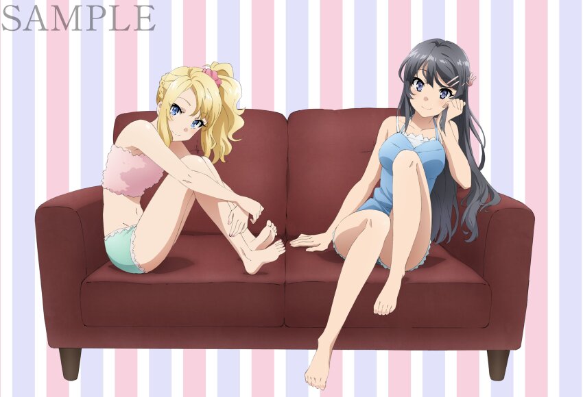 2girls, absurdres, bare_shoulders, barefoot, black_hair, blonde_hair, blue_eyes, breasts