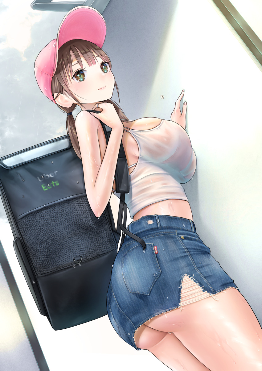 1girl, ass, baseball_cap, bikini, bikini_under_clothes, blue_skirt, breasts, brown_eyes