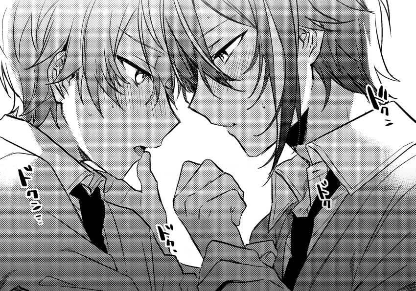 2boys, blush, cardigan, chanms, clenched_hand, collared_shirt, commentary, eye_contact