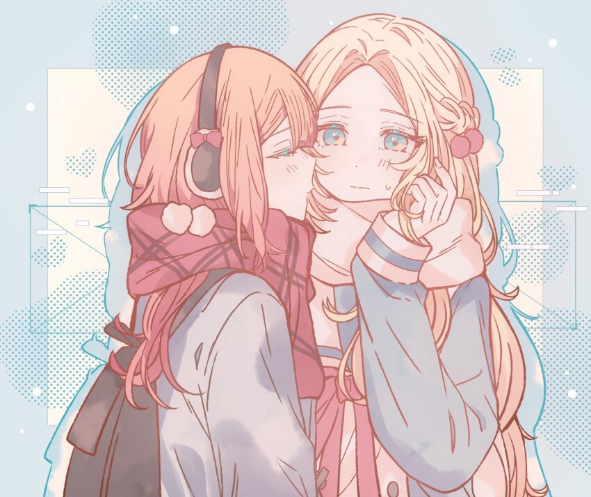 2girls, backpack, bag, black_bag, blonde_hair, blue_border, blue_eyes, blue_serafuku