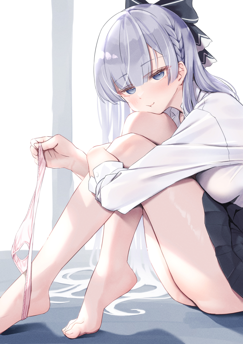 1girl, absurdres, argus_(a_hundred_sleepless_eye)_(azur_lane), argus_(azur_lane), azur_lane, barefoot, black_skirt, blue_eyes, blue_hair, blunt_bangs, breasts, classic_(zildjian33), feet, hair_ribbon, highres, knees_apart_feet_together, knees_up, large_breasts, legs, long_hair, long_sleeves, looking_at_viewer, official_alternate_costume, panties, unworn_panties, pout, ribbon, shirt, sitting, skirt, smile, solo, thighs, toenails, toes, underwear, uniform, white_shirt