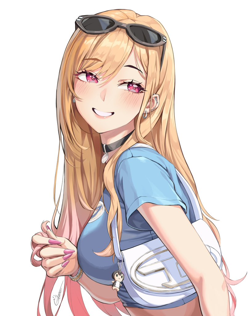 1girl, bag, black_choker, blonde_hair, blue_shirt, blush, breasts, choker, ear_piercing, earrings, eyewear_on_head, from_side, grin, jewelry, kitagawa_marin, large_breasts, long_hair, looking_at_viewer, multicolored_hair, nail_polish, piercing, pink_nails, red_eyes, shirt, short_sleeves, shoulder_bag, simple_background, smile, solo, sono_bisque_doll_wa_koi_wo_suru, sunglasses, teeth, tiger_june, upper_body, white_background, white_bag