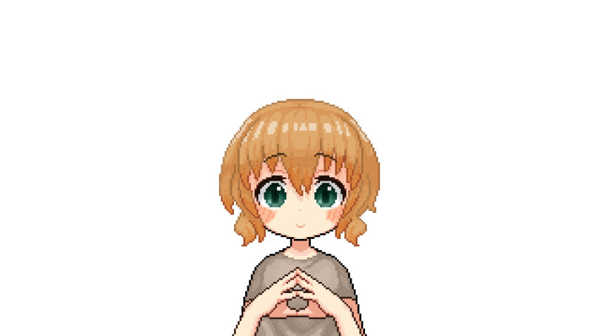 1girl, @_@, animated, animated_gif, blonde_hair, blush, commission, dithering, falling, ghost, green_eyes, grey_shirt, highres, kesumogames, looking_at_viewer, open_mouth, original, own_hands_together, pink_footwear, pixel_art, sandals, scared, shirt, short_sleeves, simple_background, smile, squiggle, tareme, upper_body, wavy_mouth, white_background