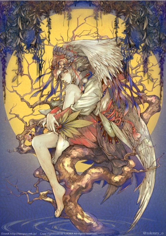 1boy, barefoot, bird_mask, feathered_wings, full_body, full_moon, grey_hair, half-closed_eyes