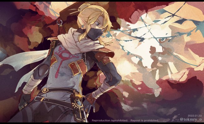 1boy, armor, bandaged_arm, bandages, blonde_hair, blue_eyes, cowboy_shot, dated