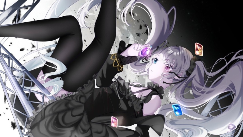 1girl, 25-ji_miku, 7naako5, black_dress, black_thighhighs, blue_eyes, commentary, crystal