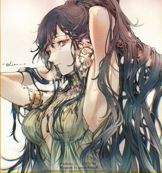 1girl, armlet, armpits, arms_behind_head, black_hair, breasts, cleavage, dated