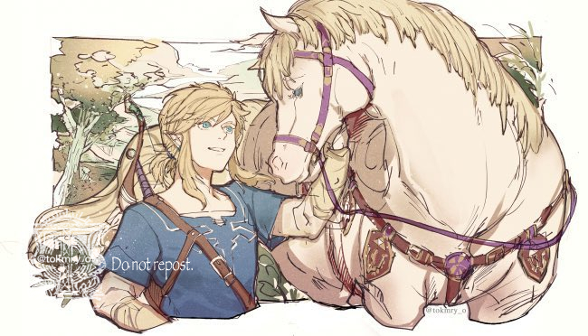 1boy, blonde_hair, blue_eyes, blue_tunic, cropped_torso, horse, link, long_sleeves, looking_at_another, low_ponytail, medium_hair, nintendo, outdoors, parted_lips, pointy_ears, ponytail, reins, shirt_under_shirt, sidelocks, smile, the_legend_of_zelda, the_legend_of_zelda:_breath_of_the_wild, tokima_yori, tree, tunic, twitter_username, upper_body, weapon, weapon_on_back