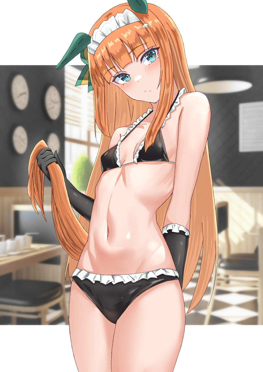 1girl, absurdres, alumina_(kennmeidesu), animal_ears, aqua_eyes, arm_behind_leg, bare_shoulders, bikini