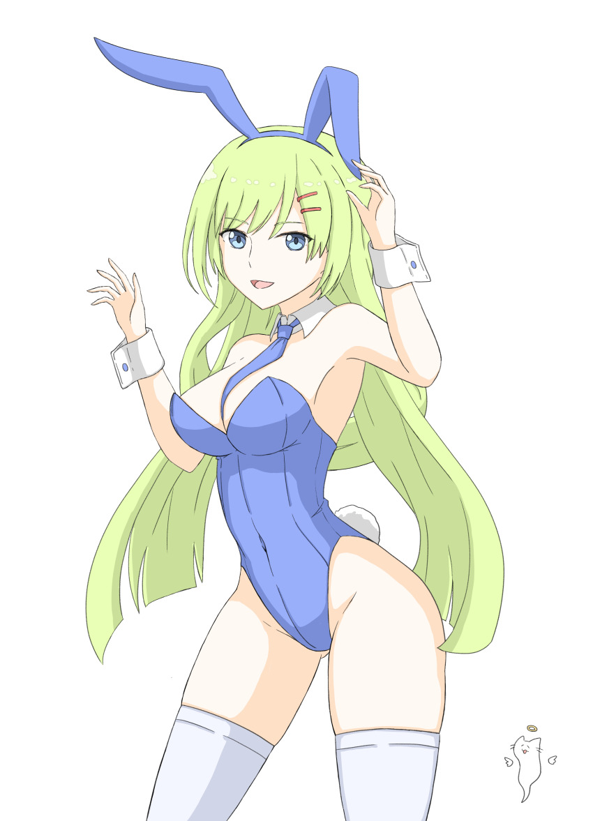 1girl, :3, absurdres, animal_ears, arm_up, assault_lily, bare_shoulders, blue_eyes, blue_hairband, blue_leotard, blue_necktie, breasts, cat, commentary, covered_navel, detached_collar, fake_animal_ears, fake_tail, ghost, gluteal_fold, green_hair, groin, hair_ornament, hairband, hairclip, halo, hand_up, highleg, highleg_leotard, highres, kawabata_hotaru, leotard, long_hair, looking_at_viewer, medium_breasts, necktie, parted_lips, playboy_bunny, rabbit_ears, rabbit_tail, simple_background, smile, solo, standing, strapless, strapless_leotard, tail, thighhighs, tsukimizake, very_long_hair, white_background, white_thighhighs, wrist_cuffs