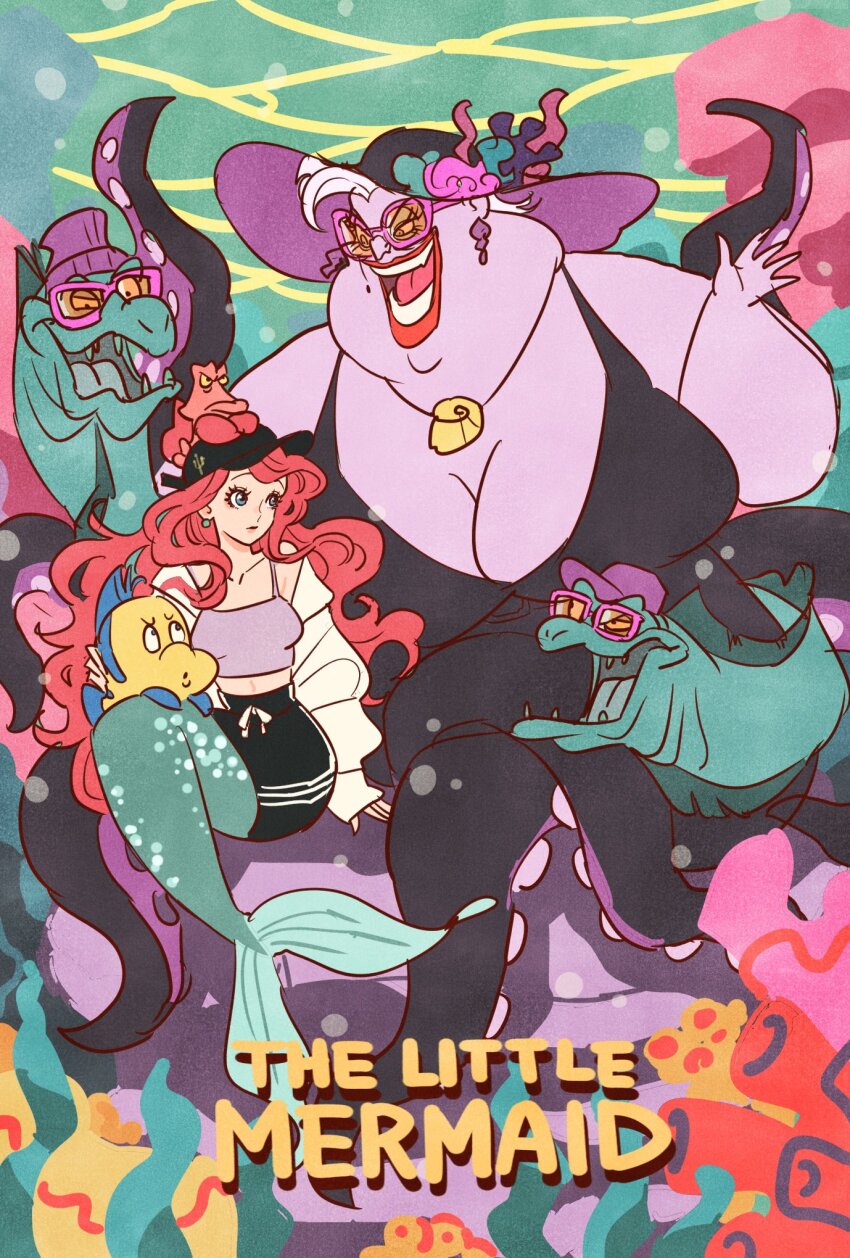 2girls, ariel_(disney), bare_shoulders, black_headwear, black_shirt, black_skirt, blue_eyes, breasts, cleavage, crab, crop_top, disney, earrings, electric_eel, fat, fat_woman, fins, fish, fish_tail, flotsam_(disney), flounder_(the_little_mermaid), grey_hair, hat, highres, huge_breasts, jacket, jetsam_(disney), jewelry, long_hair, medium_breasts, mermaid, midriff, monster_girl, multiple_girls, necklace, off-shoulder_jacket, off_shoulder, open_mouth, plump, purple_headwear, purple_shirt, red_hair, red_lips, scylla, sebastian_(disney), shell, shell_necklace, shirt, short_hair, skirt, sleeveless, sleeveless_shirt, smile, sun_hat, sunglasses, swept_bangs, tail, takeuchi_ryousuke, tentacles, the_little_mermaid_(disney), underwater, ursula_(disney), wavy_hair, white_jacket