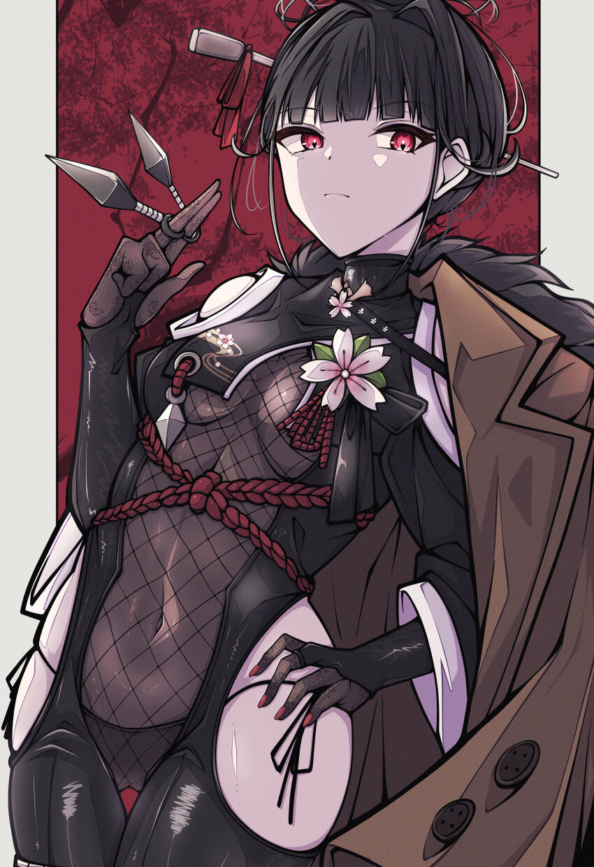 1girl, absurdres, black_hair, black_unitard, blunt_bangs, bodystocking, breast_curtains, breasts