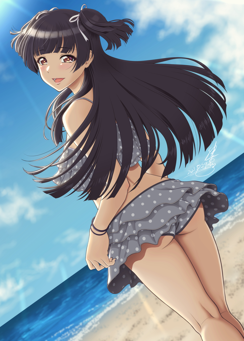 1girl, ass, beach, bikini, bikini_skirt, blue_sky, blunt_bangs, blush