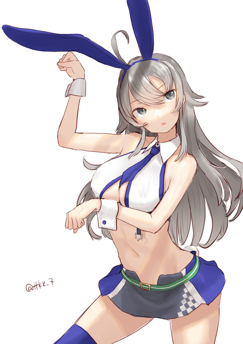 1girl, ahoge, alternate_costume, animal_ears, blue_necktie, collared_shirt, crop_top, dress_shirt