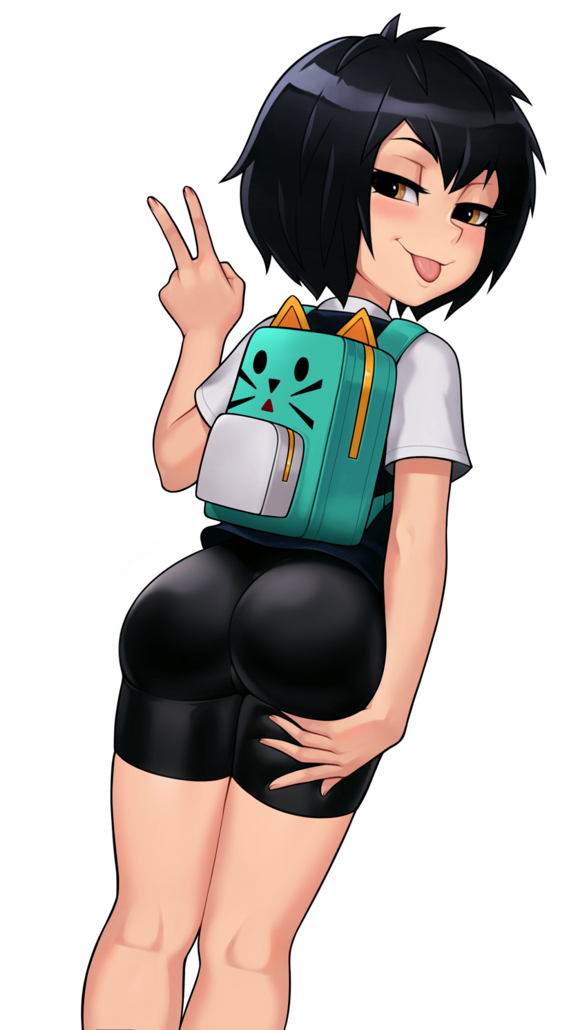 1girl, 2023, absurdres, ahoge, ass, ass_focus, backpack, bag, bike_shorts, black_hair, black_vest, blush, brown_eyes, commission, commissioner_upload, eyebrows, eyelashes, feet_out_of_frame, female_focus, fingernails, from_behind, grabbing_own_ass, hair_between_eyes, highres, loli, loodncrood, looking_back, marvel, peni_parker, shirt, short_hair, smile, smug, solo, spider-man:_into_the_spider-verse, spider-man_(series), spider-verse, thighs, tongue, tongue_out, v, vest, white_shirt
