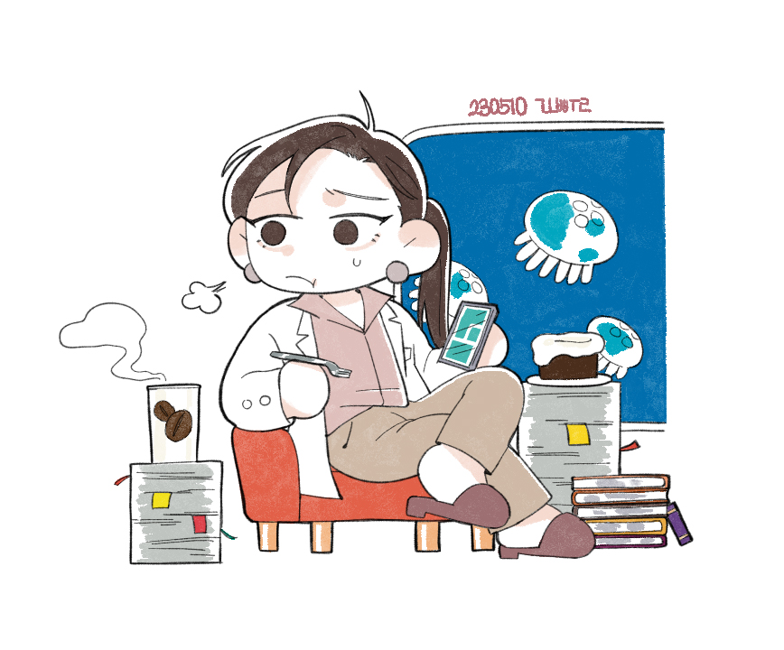 1girl, book, brown_eyes, brown_footwear, brown_hair, brown_pants, brown_shirt, cellphone, chair, character_request, closed_mouth, commentary_request, cup, disposable_coffee_cup, disposable_cup, earrings, eoduun_badaui_deungbul-i_doeeo, food, fork, full_body, gof2ull, holding, holding_fork, holding_phone, jellyfish, jewelry, korean_commentary, korean_text, lab_coat, long_hair, long_sleeves, pants, paper_stack, phone, ponytail, shirt, simple_background, sitting, smartphone, solo, steam, translation_request, white_background