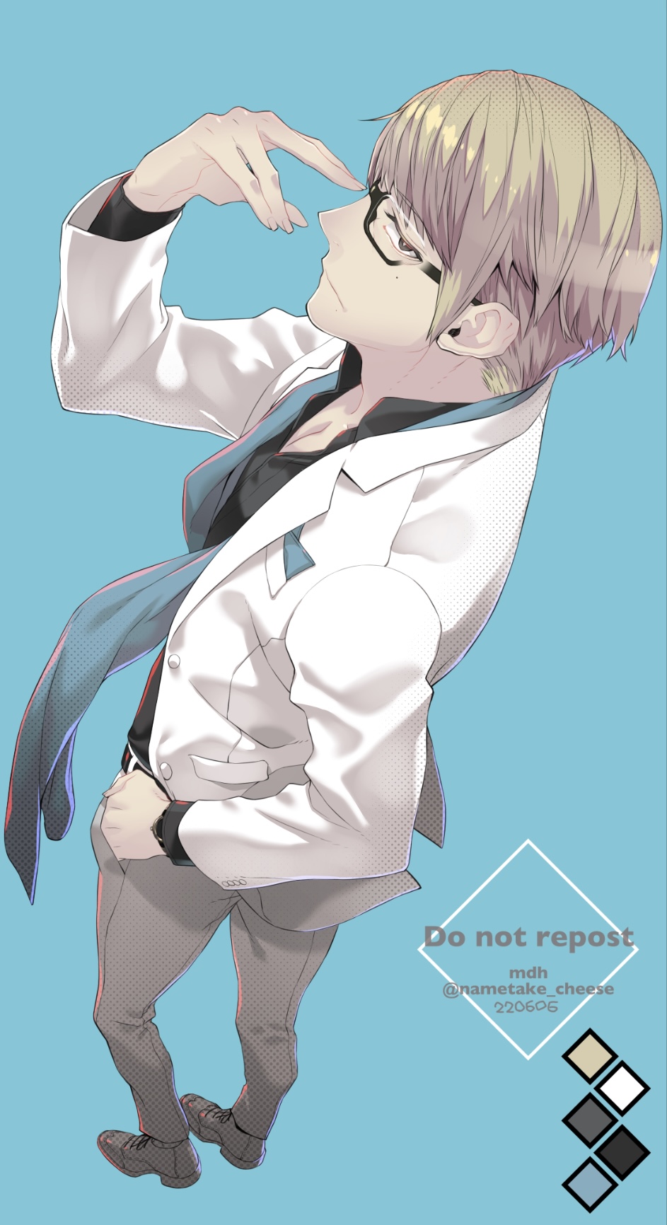 1boy, ai_the_somnium_files, black_footwear, black_shirt, blonde_hair, brown_eyes, buttons, closed_mouth