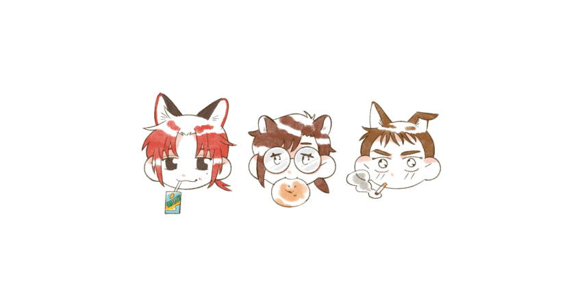1girl, 2boys, animal_ears, bagel, brown_hair, cigarette, closed_mouth, commentary_request