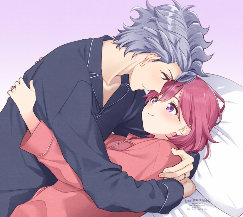 1boy, 1girl, arms_around_another's_back, artist_name, bed_sheet, blue_pajamas, blush, bob_cut, couple, cuddling, dated, grey_hair, hair_between_eyes, hetero, hug, jewelry, krudears, long_sleeves, looking_at_another, on_bed, pajamas, pillow, pink_hair, pink_pajamas, protagonist_(tokimemo_gs3), purple_background, purple_eyes, red_eyes, ring, shitara_seiji, short_hair, smile, tokimeki_memorial, tokimeki_memorial_girl's_side, tokimeki_memorial_girl's_side_3rd_story, twitter_username, upper_body