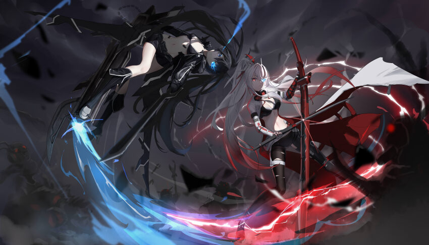 2girls, absurdres, alpha_(pgr), bandaged_arm, bandages, black_bra, black_hair, black_jacket, black_leggings, black_rock_shooter, black_rock_shooter_(character), black_shorts, bra, flaming_eye, gradient_hair, grey_eyes, highres, holding, holding_sword, holding_weapon, hui_night, jacket, leggings, long_hair, alpha:_crimson_weave_(pgr), mechanical_arms, multicolored_hair, multiple_girls, ponytail, punishing:_gray_raven, red_eyes, red_hair, shorts, single_mechanical_arm, sword, twintails, underwear, weapon, white_hair