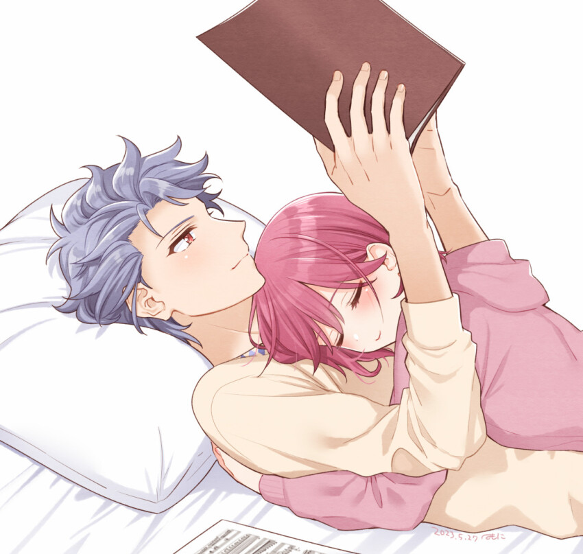 1boy, 1girl, artist_name, bed_sheet, blue_hoodie, book, closed_eyes, couple, cuddling, dated, grey_hair, hetero, holding, holding_book, hood, hood_down, hoodie, hug, krudears, light_blush, long_sleeves, on_bed, pillow, pink_hair, protagonist_(tokimemo_gs3), red_eyes, sheet_music, shitara_seiji, short_hair, smile, sweater, swept_bangs, tokimeki_memorial, tokimeki_memorial_girl's_side, tokimeki_memorial_girl's_side_3rd_story, white_background, yellow_sweater
