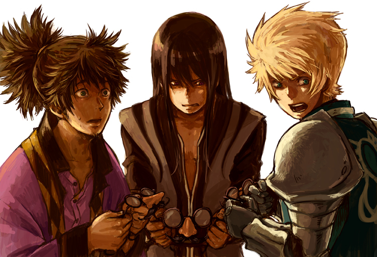 00s, 3boys, armor, black_eyes, black_hair, blonde_hair, blue_eyes, flynn_scifo